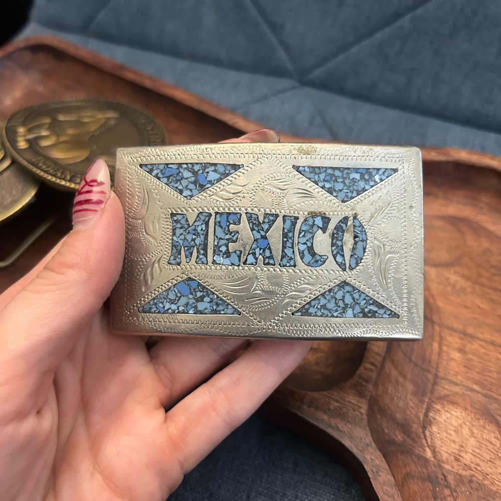 Mexico Inlay Decorative Belt Buckle - Silver with Blue Inlay